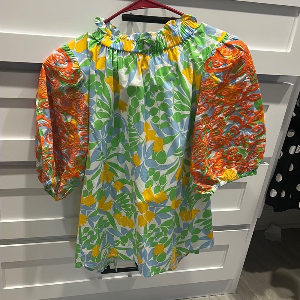 THML Green and Yellow Puff Sleeve Ruffled Blouse